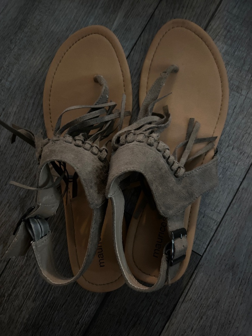 Maurices Taupe Fringe Suede Toe-Loop Sandals